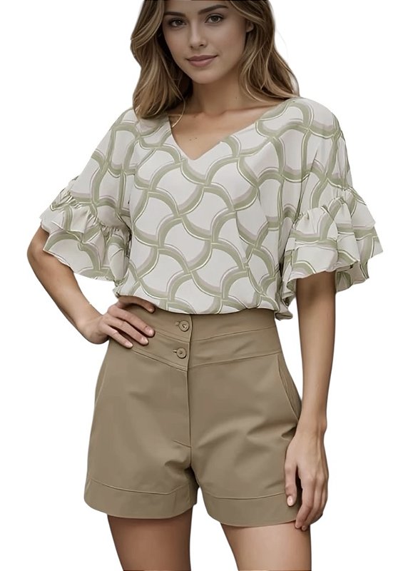 Blusa Manga Curta Estampada Crepe