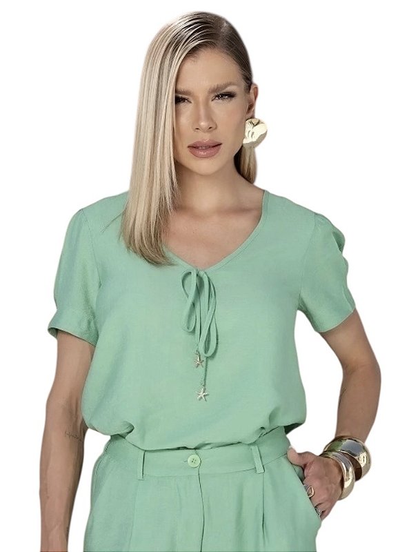 Blusa Manga Curta Laço Frontal Viscose