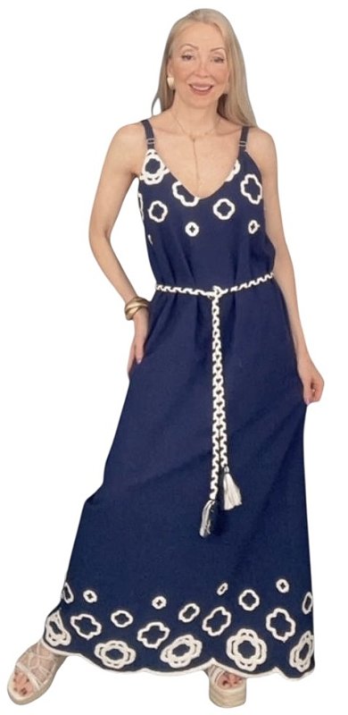 Vestido Alça Bordado Cinto Viscose