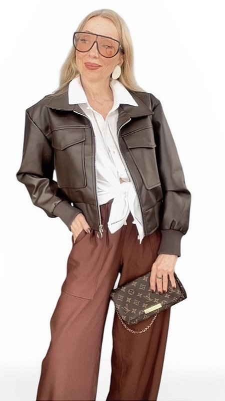 Jaqueta Bolsos Frontal Couro Ecológico