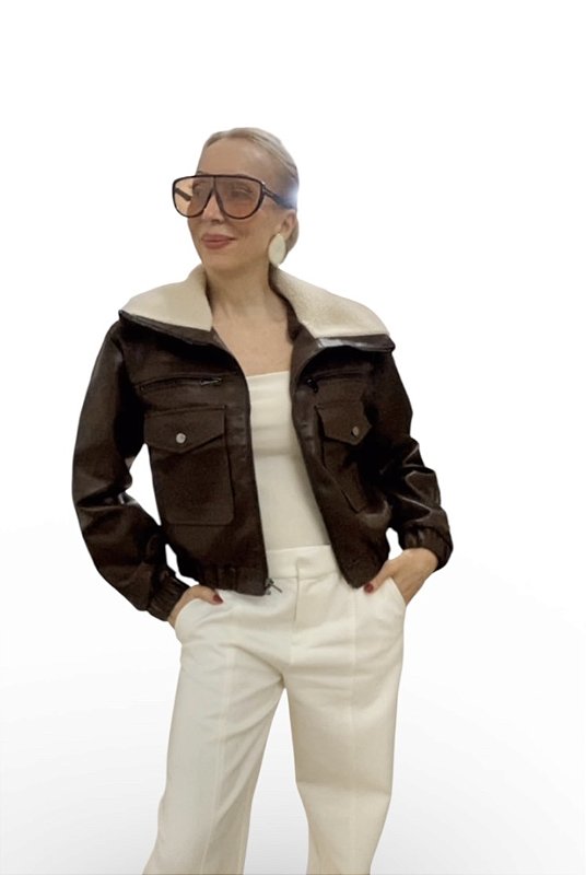 Jaqueta Bolsos Frontal Zíper Couro Ecológico