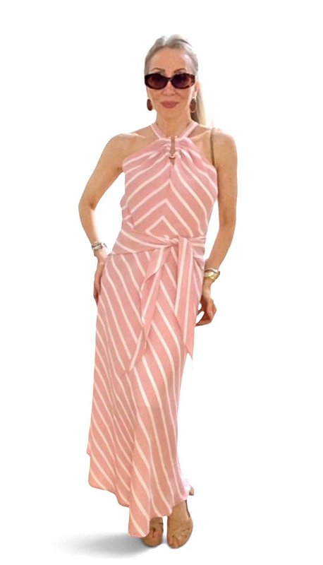 Vestido Listrado Lenço Viscolinho