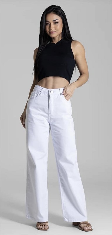 Calça Wide Leg Petit Cintura Alta Sarja