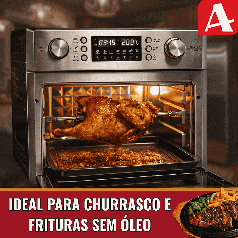 Forno AirFryer INOX Multifunções c/ Espeto para Churrasco - 26L