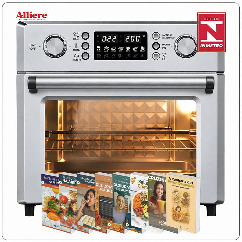 KIT ALLIERE - Forno AirFryer INOX Multifunções c/ Espeto para Churrasco 26L + 8 E-BOOKs