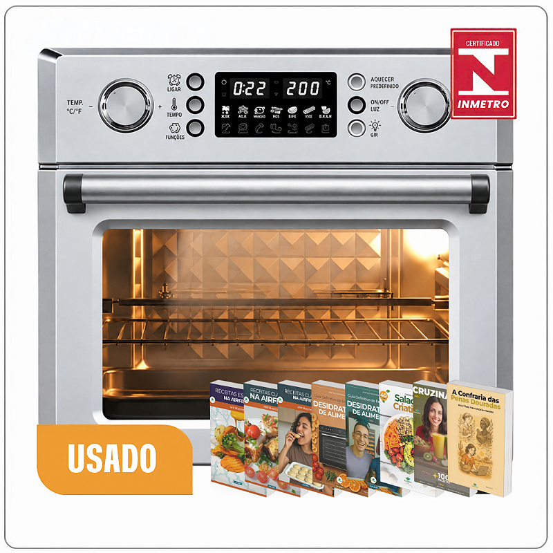 USADO - Forno AirFryer INOX Multifunções c/ Espeto para Churrasco - 26L + 8 e-books
