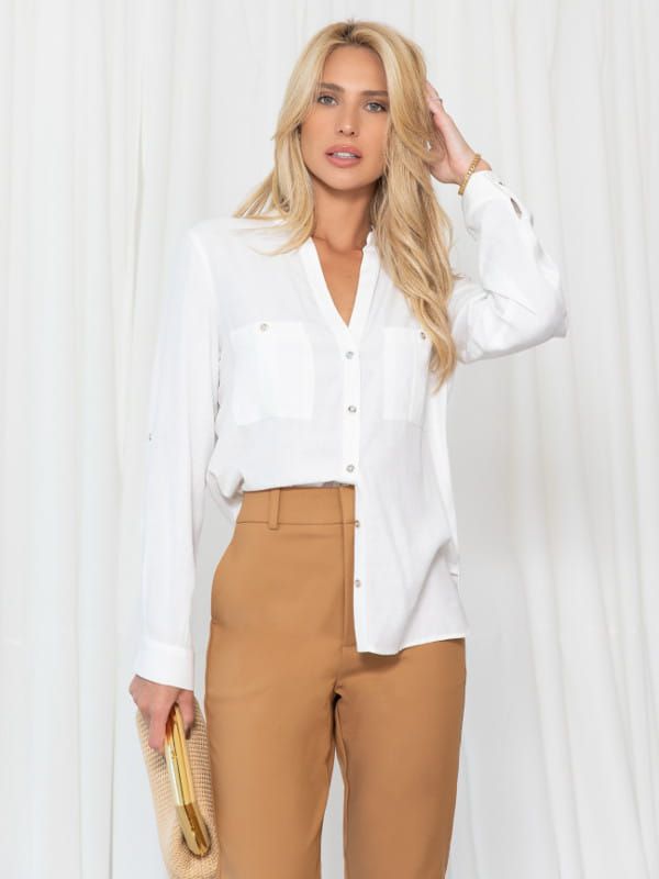 Blusa social feminina de crepe - Donna Modelli  Blusa social feminina, Blusas  sociais, Blusas brancas feminina