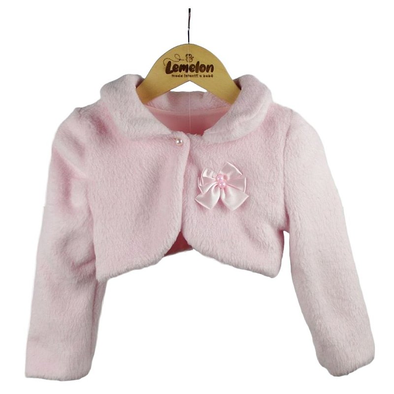 Bolero Infantil Feminino Manga Longa Pelinho com Gola e Broche