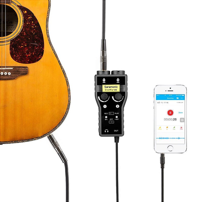 Saramonic SmartRig+ UC conectando um violão e um microfone a um celular para gravação de áudio