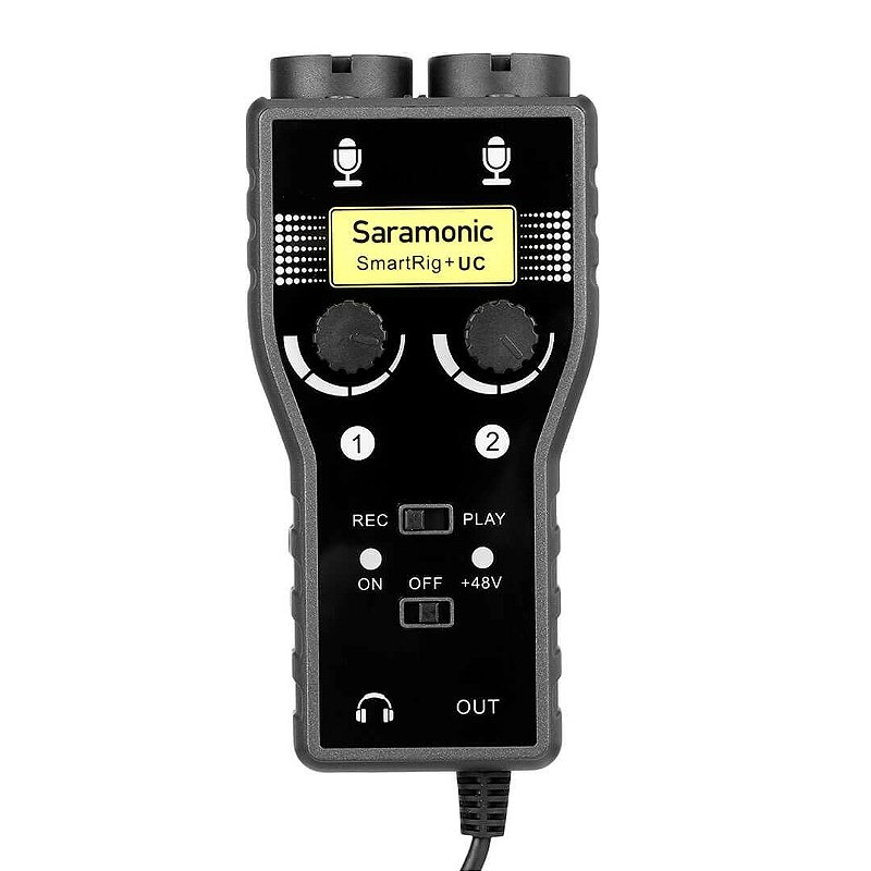 Painel frontal do Saramonic SmartRig+ UC com dois controles de ganho independentes, chave de +48V e saída de fone de ouvido