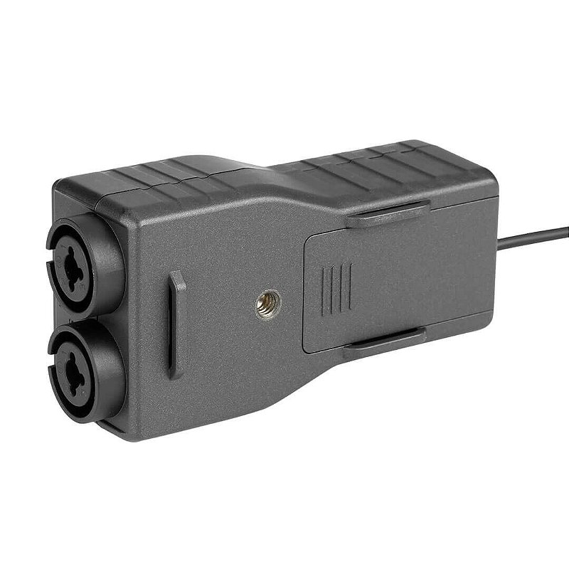 Traseira do Saramonic SmartRig+ UC com rosca de tripé de 1/4 de polegada e compartimento da bateria 9V
