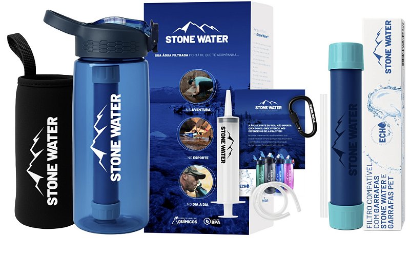 kit Completo Stone Water Garrafa com Filtro + 1 Filtro extra + GANHE 1 Capa Térmica + 4 Acessórios