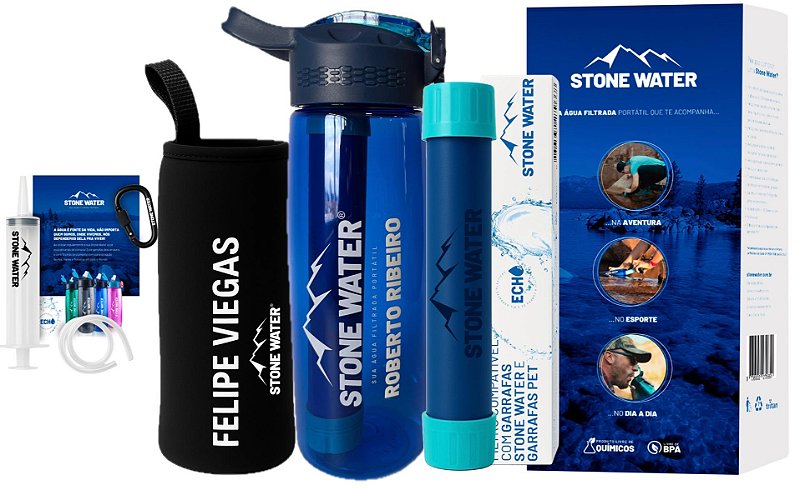 Kit Completo Garrafa Stone Water PERSONALIZADA com seu NOME + FILTRO extra + Capa Personalizada + Ganhe 4 Acessórios