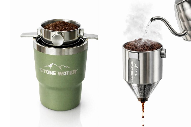 LANÇAMENTO Kit Café Portátil Stone Water | Thermo Stone Mini 350ml + Mini Flow (Coador Inox) | Café Perfeito em Qualquer Lugar