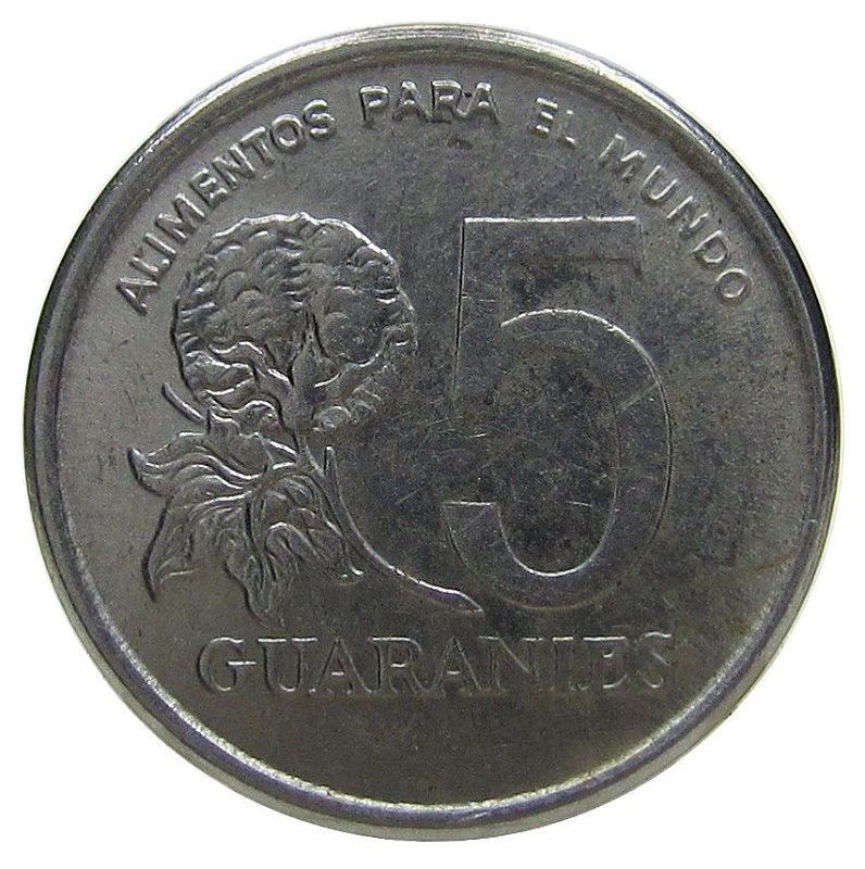 Moeda de 5 Guaranis 1980 MBC Paraguai América Numismática Virtual