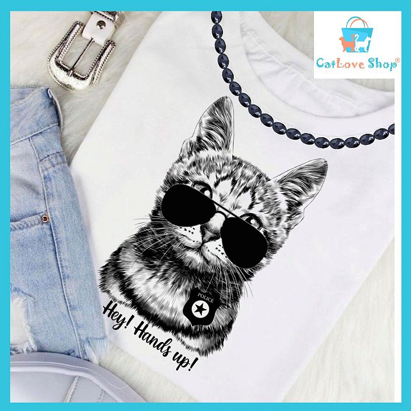 Camiseta T Shirt - Gato Policial (COM PEDRARIA)