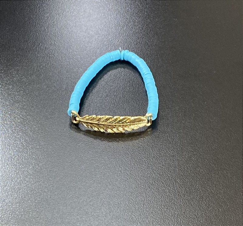 Pulseira borrachinhas azul pena dourada