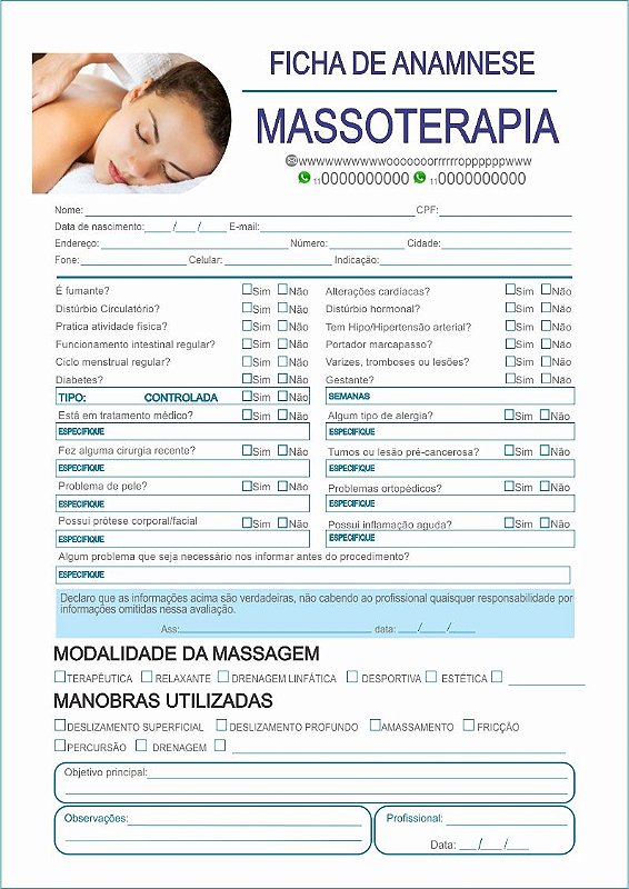 Bloco Anamnese Para Massoterapia Profissional Ficha Completa