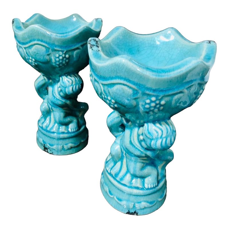 Par de porta drágenes, orientais, em porcelana na cor azul Tiffany, mede 22 cm