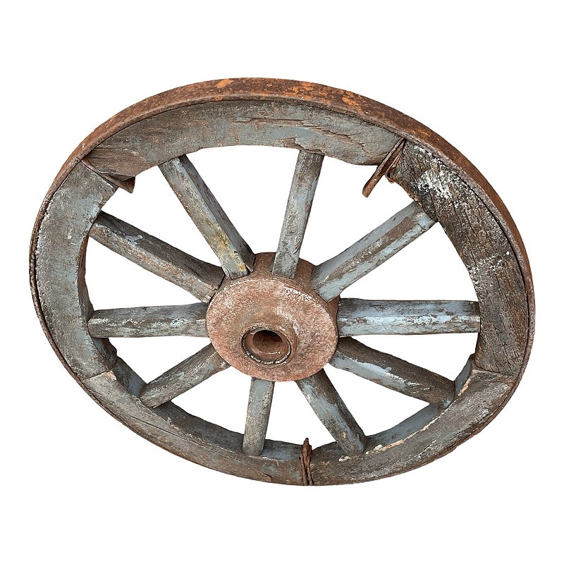 Antiga roda de carroça, original em madeira e ferro com restos de policromia , mede