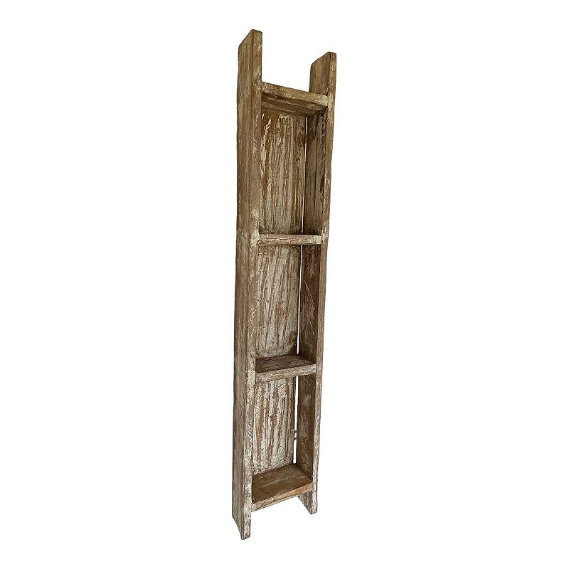 Forma de tijolo em madeira com tres divisórias, pátina branca , mede 80x15x9 cm espessura