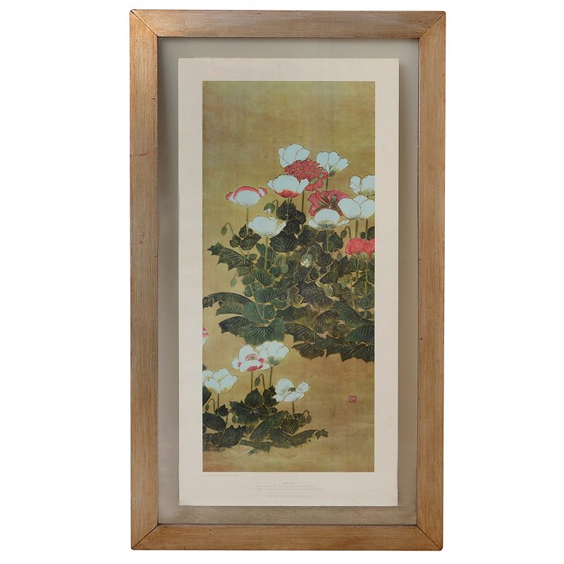 Gravura Japonesa - "Poppies". Detalhes de uma pintura em papel dourado no estilo "sosetsu" japonês. 100 x 47 cm (MI). 121 x 67 cm (ME)