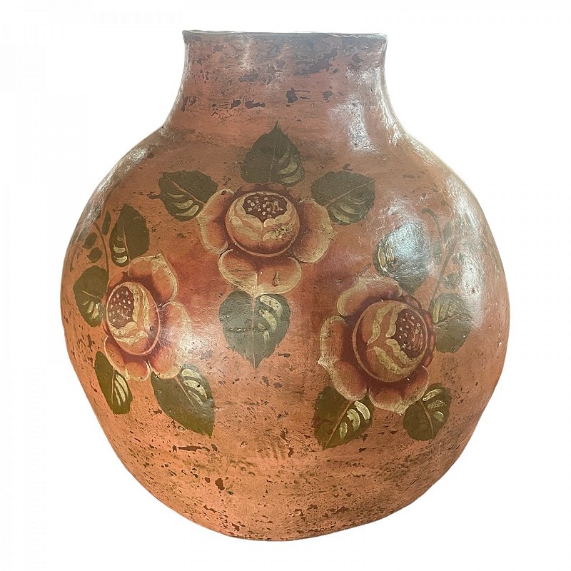 Antigo vaso de barro com linda pintura de flores coloridas, mede 50x42 cm largura