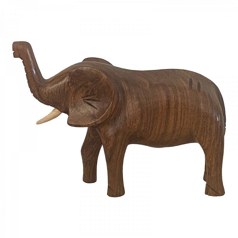 Escultura de madeira jacarandá representando elefante com dois marfins em madeira clara, mede 23x15x8 cm largura, pesa 600 gramas
