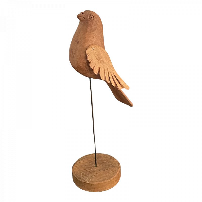 Escultura em madeira representando pássaro, haste em ferro e base redonda em madeira, mede 36 cm altura, 11x11 base, peso 500 gramas