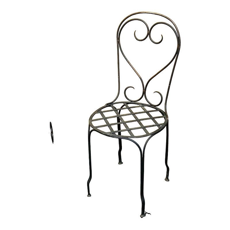 Linda cadeira provençal em ferro forjado com detalhes de coração no encosto, detalhes nos pés, acento em quadrados, modelo francês