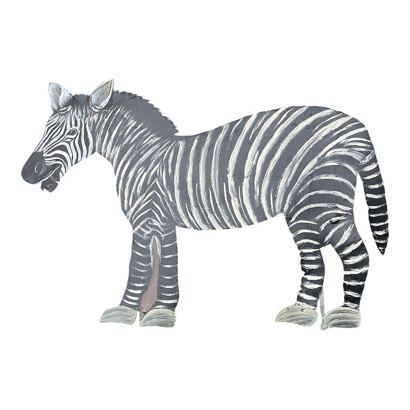 Diferente placa de metal recortado representando zebra, pintado a mão , mede 90x75 cm