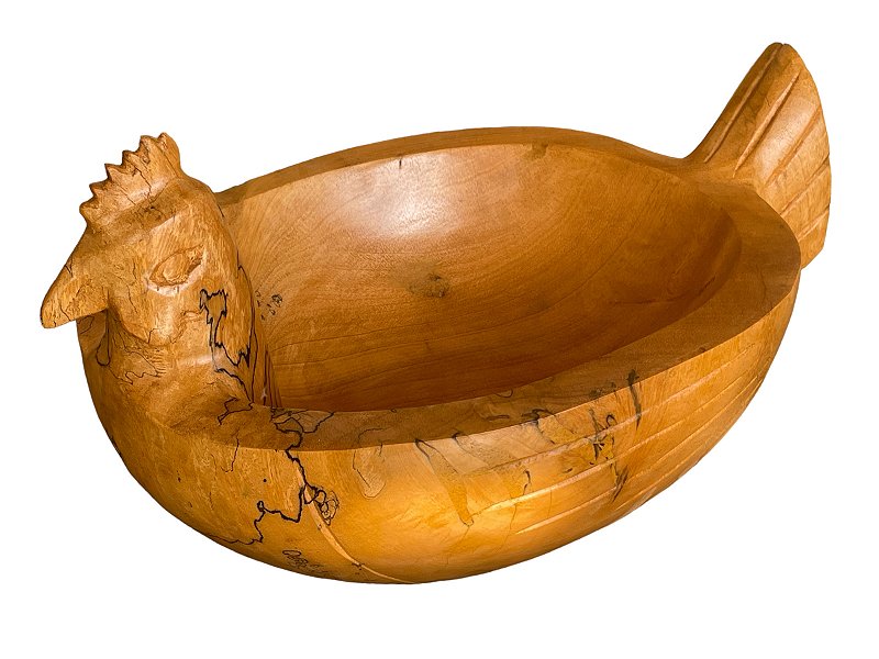 Linda gamela esculpida em madeira bruta representando galinha, nunca usada, mede 38x27x22 cm altura