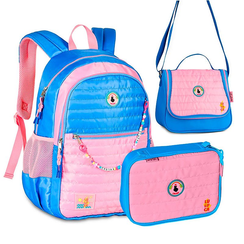 Kit Mochila Costas + Estojo + Lancheira Luluca Azul e Rosa Shop Macrozao