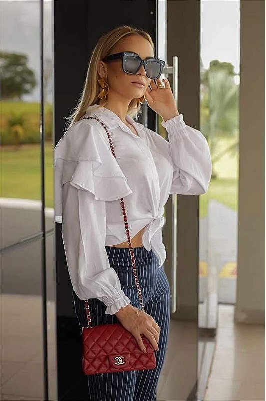 Camisa Feminina Jeanseria com Babados nos Ombros Branca
