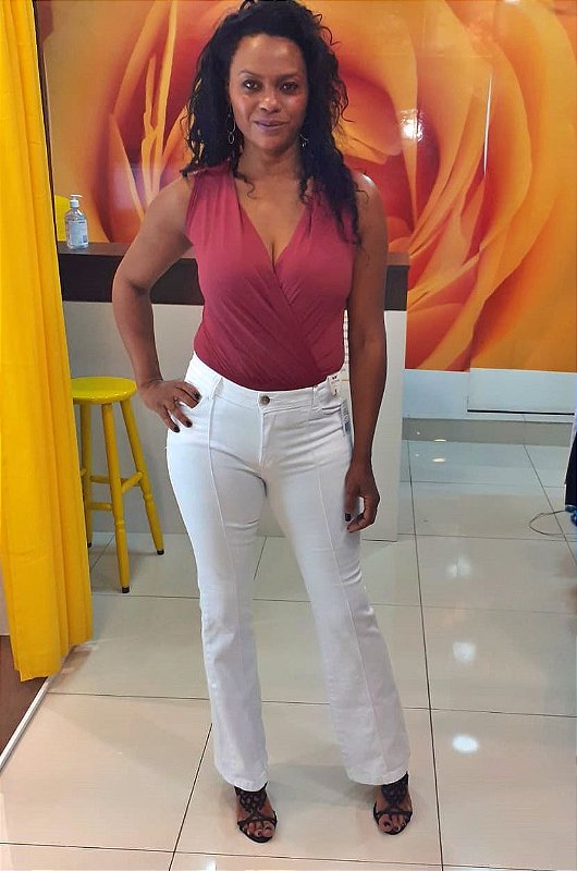 Calça Flare -Cintura Alta Sarja Branca com Nervura