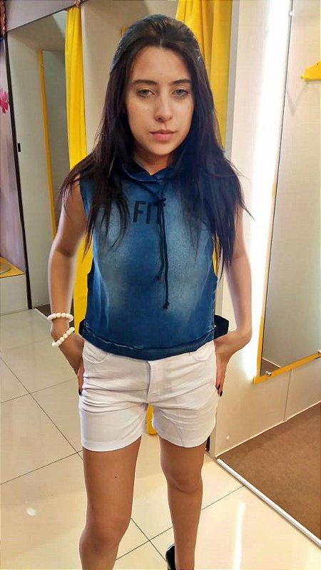 Blusa Jeanseria Fitness com Touca Jeans