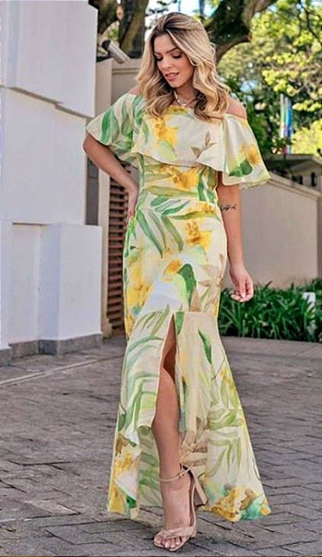 Vestido Longo em Viscose Estampada Floral com Detalhe Babado