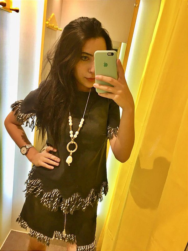Conjunto Blusa e Saia Jeanseria - Franjas