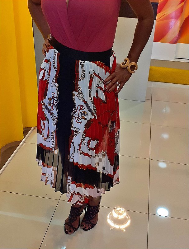Saia em Chiffon Plissada Estampada