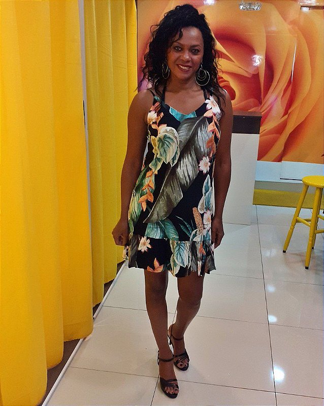 Vestido Curto em Viscose de Alça com Babado Estampado