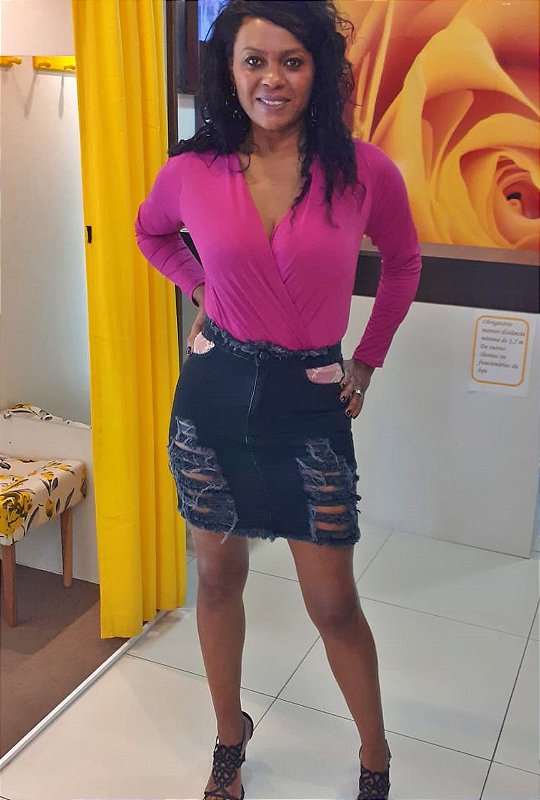 Saia Jeanseria com Renda  Jeans Destroyed Black