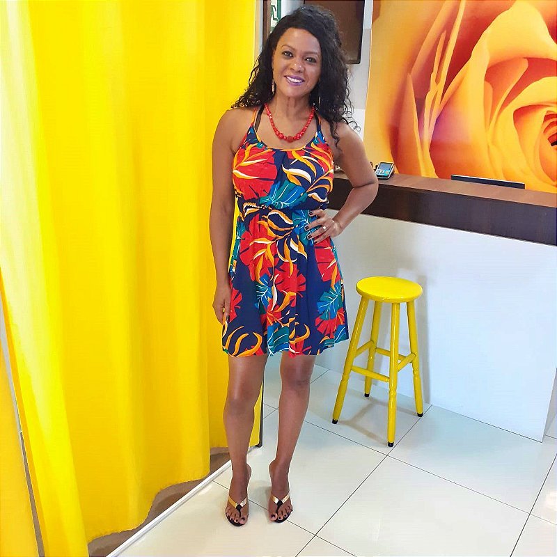 Vestido Curto em Viscose Estampado e Alcinha  Amicia Fashion