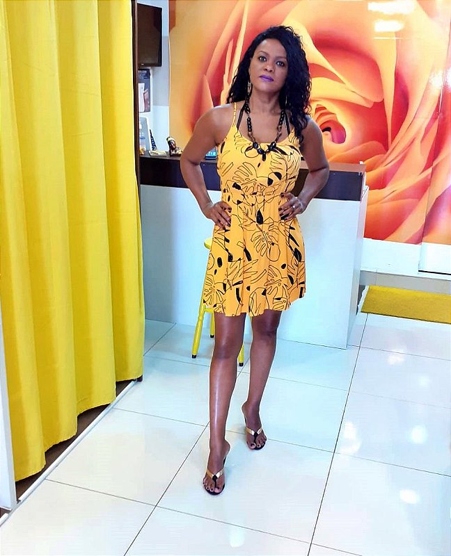 Vestido Curto em Viscose Estampado Mostarda de Alcinha