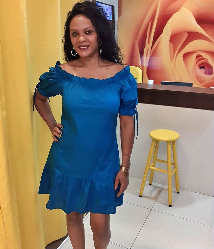 Vestido Curto Tricoline Manga Bufante