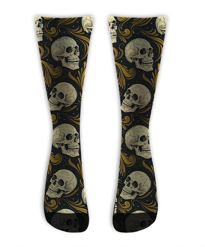 Meia Cano Alto - Vintage Gold Skull
