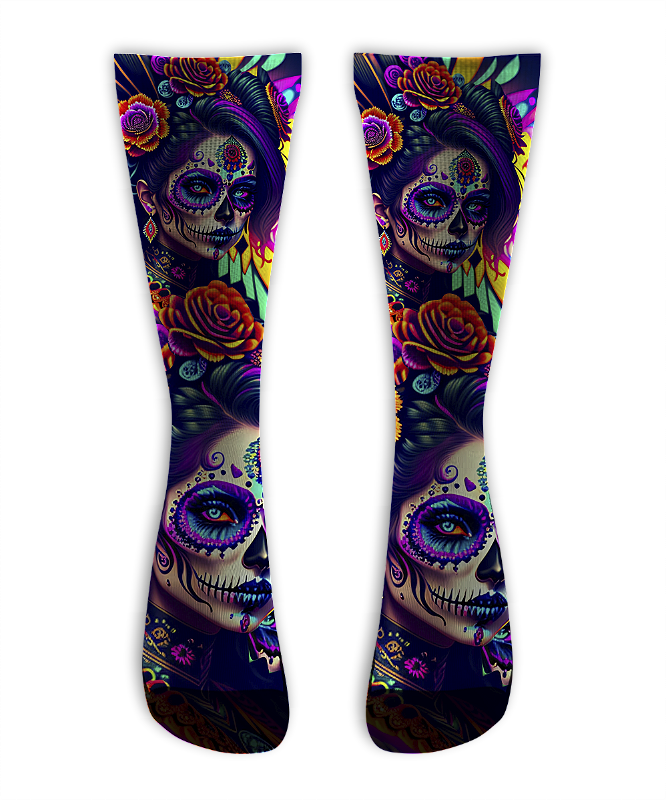 Meia Cano Alto - Catrina Rosas NEON