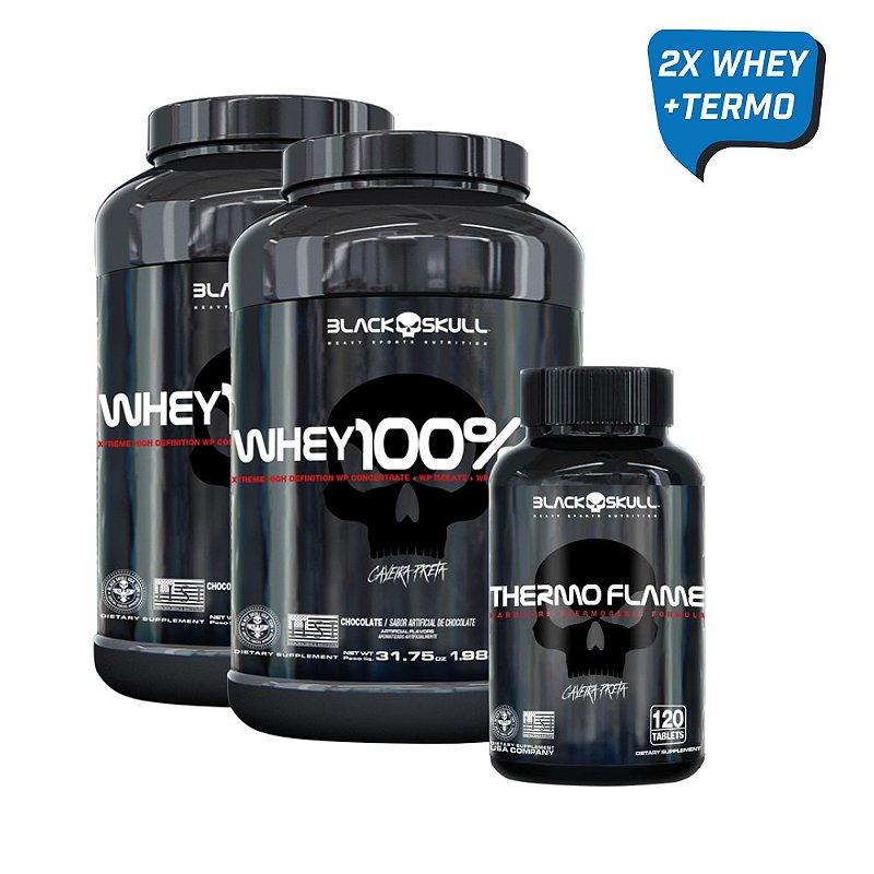 KIT BLACK SKULL EMAGRECEDOR 2X WHEY HD 900G + THERMOFLAME 120CAPS