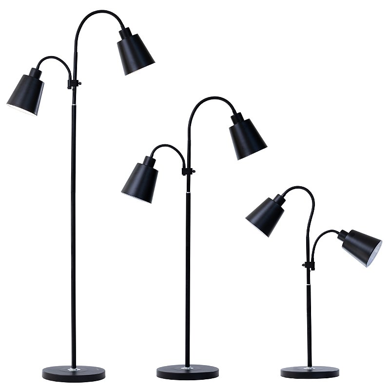 Luminária de Chão Preta TechLed | Corpo Flexível | 2 Cúpulas E27 | Interruptor Duplo