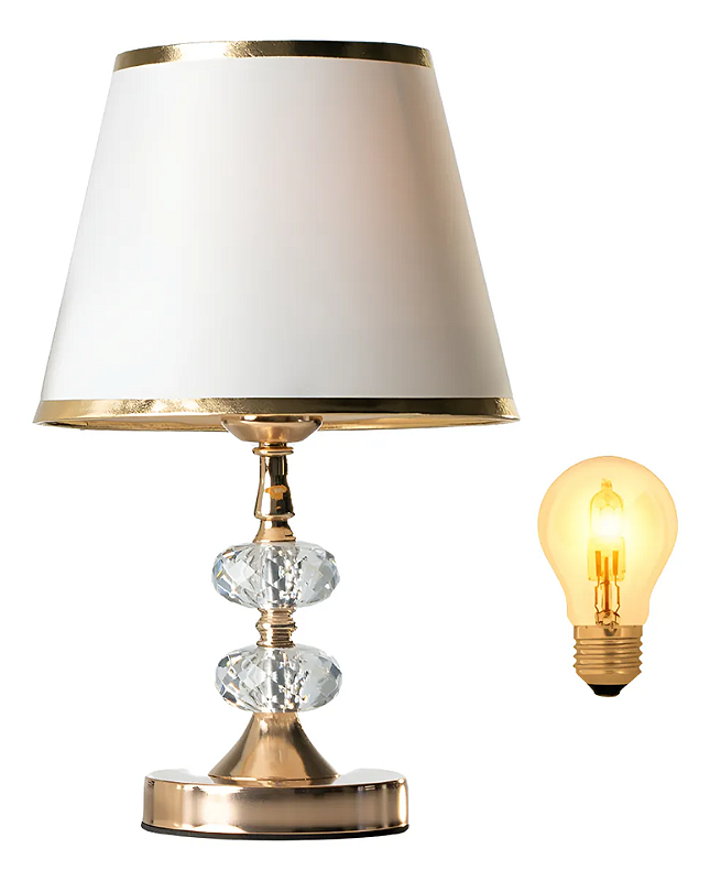 Abajur Dourado com Cúpula Branca, Sensor Touch 3 Toques e Lâmpada Halógena Dimerizável 35cm