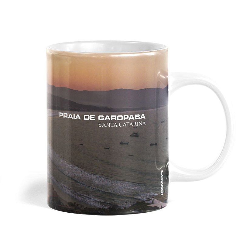 Caneca Branca Praia de Garopaba Pôr do Sol, Cerâmica, 325ml - Darosaa